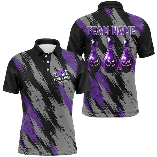 Maxcorners Bowling Ball And Pins Black And Purple Camo Halloween Customized Name, Team Name 3D Polo Shirt