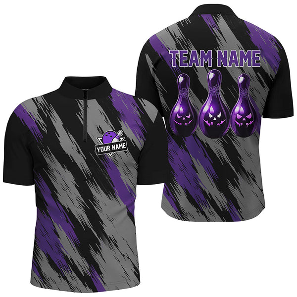 Maxcorners Bowling Ball And Pins Black And Purple Camo Halloween Customized Name, Team Name 3D Polo Shirt