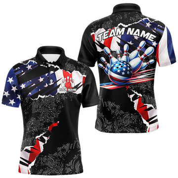 Maxcorners Custom bowling polo shirts, 1/4 zip shirts for men, US Flag patriotic team bowling league shirts