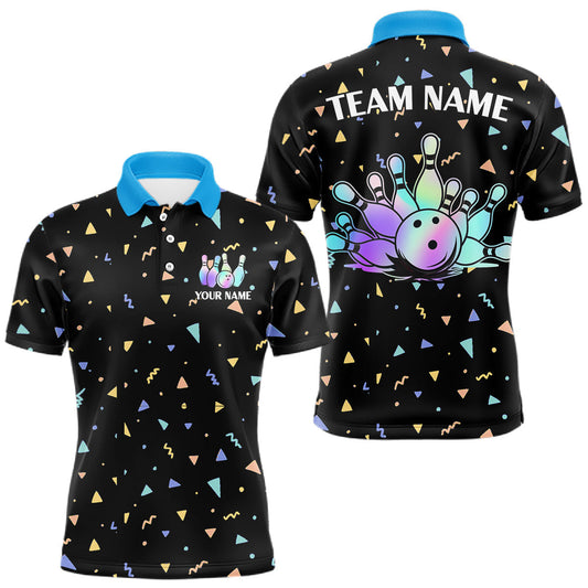 Maxcorners Hologram colors geometric pattern Black Bowling Shirts for Men Custom Team Bowling League Jersey LM0602