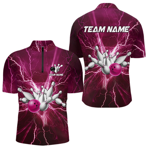 Maxcorners Men's Bowling Shirts Custom Pink Lightning Thunder Bowling Team Jersey, gift for team Bowlers MT0609