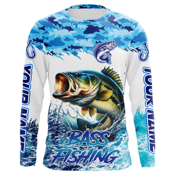 Maxcorners Bass fishing Blue ocean camo Custom UV protection fishing long sleeve shirt, Bass Fishing jerseys MT2108