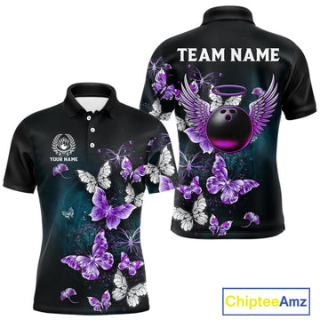 Maxcorners Custom Purple Butterfly Bowling Polo, 1/4 zip jerseys For Men, Bowling Team Shirt With Butterflies LM1202