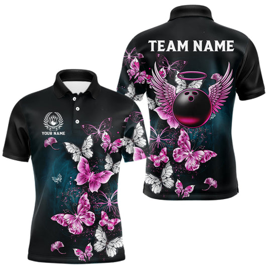 Maxcorners Custom Pink Butterfly Bowling Polo, 1/4 zip jerseys For Men, Bowling Team Shirt With Butterflies