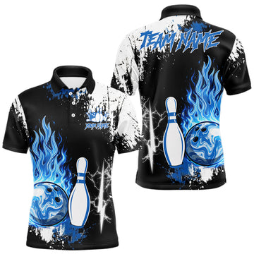 Maxcorners Custom Blue Flame Lightning Thunder Bowling shirts for Men, black and white bowling team jerseys