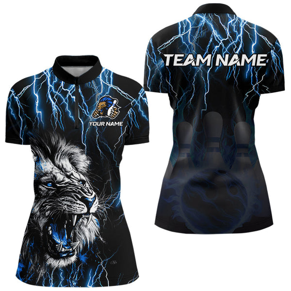 Maxcorners Black and Blue Lightning Thunder Lion Bowling Shirt For Men Custom Lion Bowling Team Jerseys