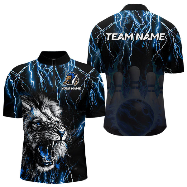 Maxcorners Black and Blue Lightning Thunder Lion Bowling Shirt For Men Custom Lion Bowling Team Jerseys