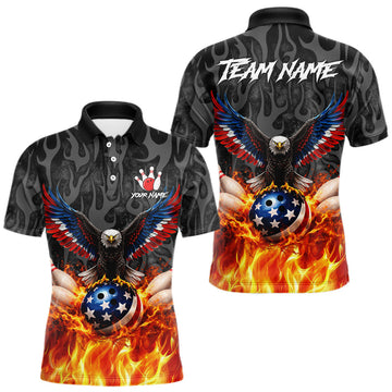 Maxcorners Black and Orange Flame American Flag Eagle Bowling Shirt For Men Custom Patriotic Bowling Team Jersey LM0503