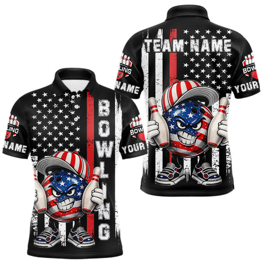Maxcorners Black American Flag Funny Bowling Polo, 1/4 Zip Shirt For Men Custom Patriotic Bowling Team Jersey LM0503