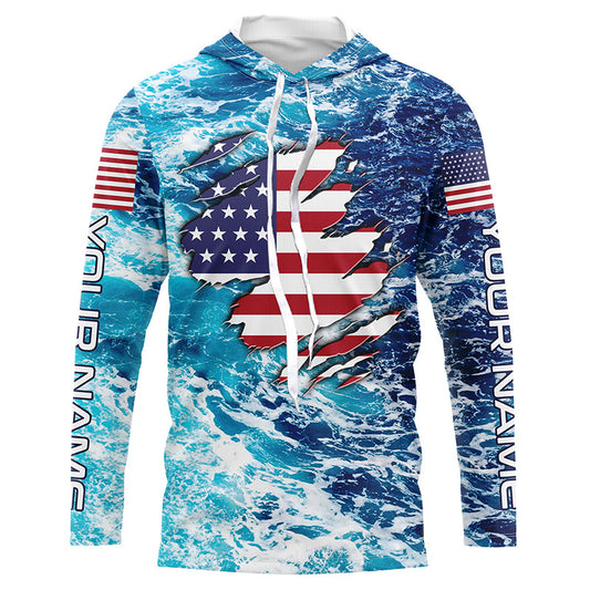 Maxcorners Blue sea wave ocean camo American flag patriot shirt Custom sun protection fishing long sleeve shirts LM0501