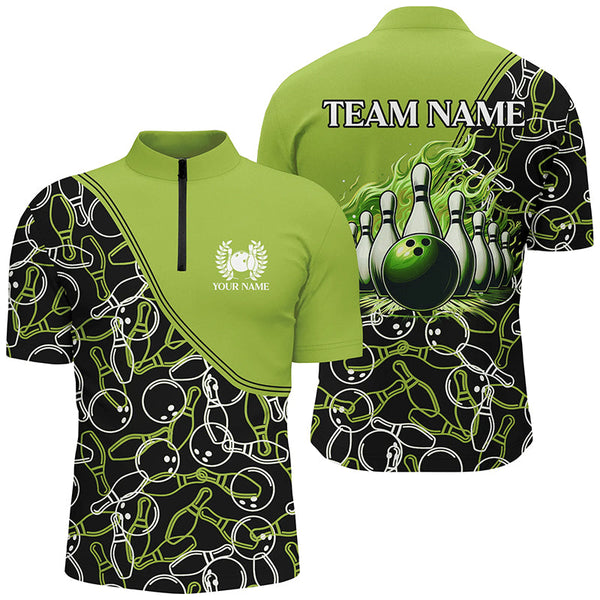 MaxCorners Bowling And Pins Green Camo Bowling Patten Customized Name, Team Name 3D Stand Collar Zipper Polo Shirt For Men