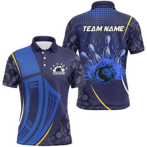 MaxCorners Bowling And Pins Blue Camo Flame Customized Name 3D Polo Shirt Unisex