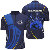 MaxCorners Bowling And Pins Blue Camo  Customized Name, Team Name 3D Stand Collar Zipper Polo Shirt For Men