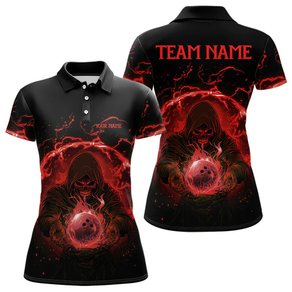 Maxcorners Mens bowling polo, 1/4 zip shirts Custom red flame skull bowling team jerseys, gift for Bowlers MT0609