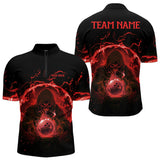 Maxcorners Mens bowling polo, 1/4 zip shirts Custom red flame skull bowling team jerseys, gift for Bowlers MT0609