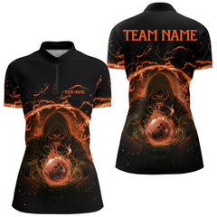 Maxcorners Mens bowling polo, 1/4 zip shirts Custom orange flame skull bowling team jerseys, gift for Bowlers MT0609