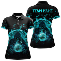 Maxcorners Mens bowling polo, 1/4 zip shirts Custom cyan blue flame skull bowling team jerseys, gift for Bowlers MT0609
