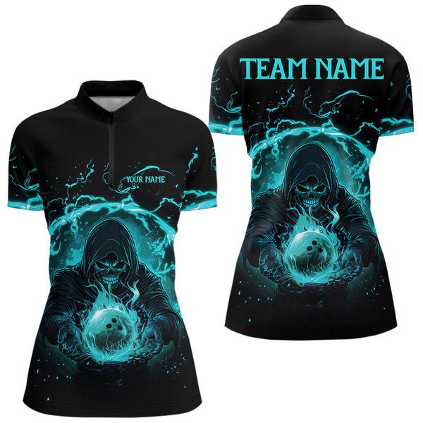 Maxcorners Mens bowling polo, 1/4 zip shirts Custom cyan blue flame skull bowling team jerseys, gift for Bowlers MT0609