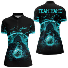 Maxcorners Mens bowling polo, 1/4 zip shirts Custom cyan blue flame skull bowling team jerseys, gift for Bowlers MT0609