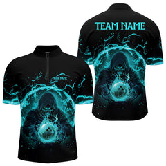 Maxcorners Mens bowling polo, 1/4 zip shirts Custom cyan blue flame skull bowling team jerseys, gift for Bowlers MT0609