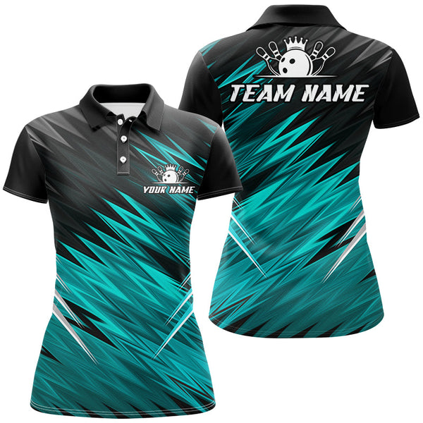 Maxcorners Cyan Blue and Black Bowling Shirts For Women Custom Name and Team name Bowling Jerseys Bowlers Outfit