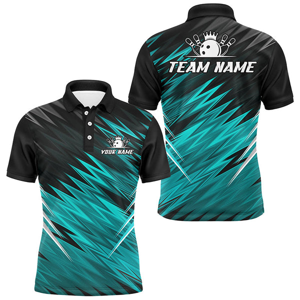 Maxcorners Cyan Blue and Black Bowling Shirts For Men Custom Name and Team name Bowling Jerseys Bowlers Outfit