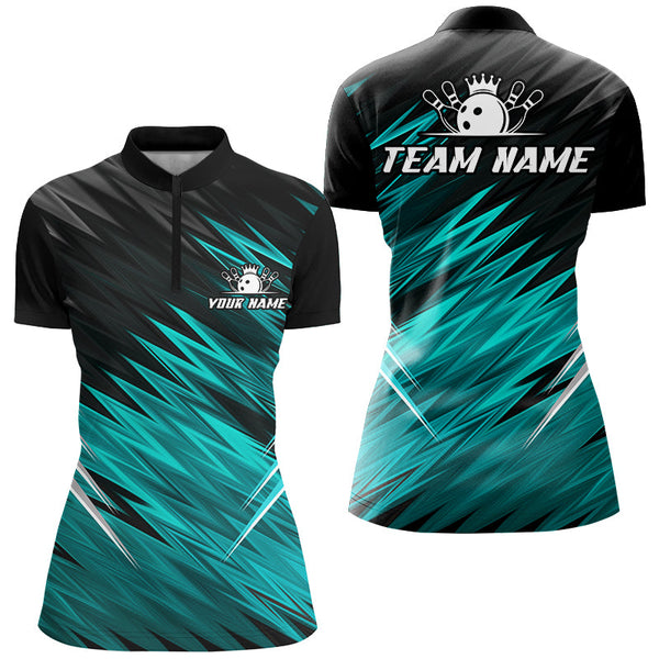 Maxcorners Cyan Blue and Black Bowling Shirts For Women Custom Name and Team name Bowling Jerseys Bowlers Outfit