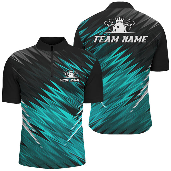 Maxcorners Cyan Blue and Black Bowling Shirts For Men Custom Name and Team name Bowling Jerseys Bowlers Outfit