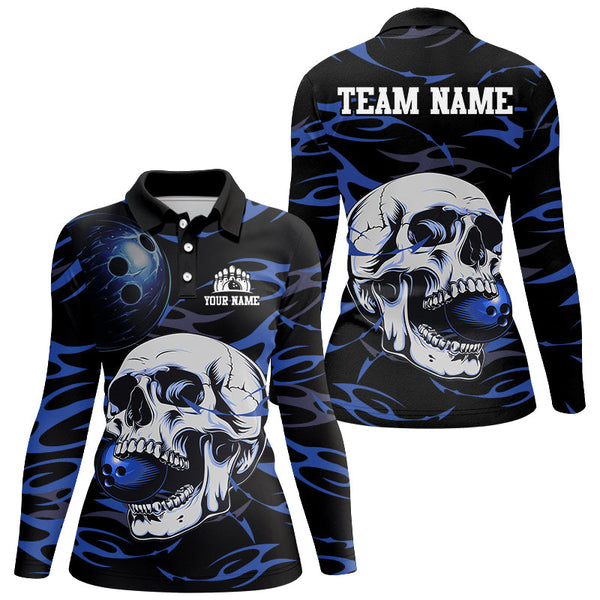 Maxcorners Black and Blue Skull Bowling Shirts For Women Custom Name and Team Name Bowling Jerseys Bowlers Outfit