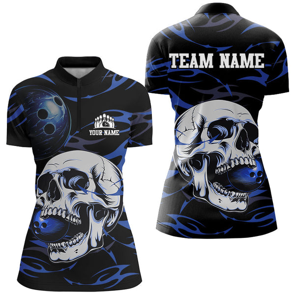 Maxcorners Black and Blue Skull Bowling Shirts For Women Custom Name and Team Name Bowling Jerseys Bowlers Outfit