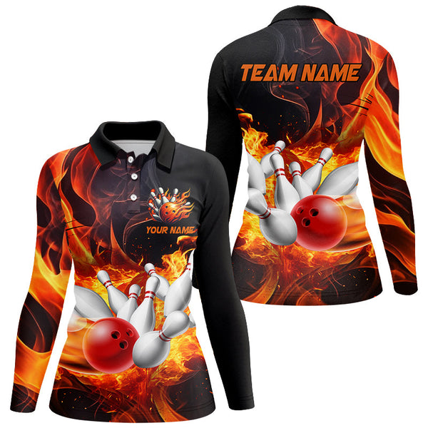 Maxcorners Black And Orange Flame Custom Bowling Shirts For Women, Flame Bowling League Shirts Outfits