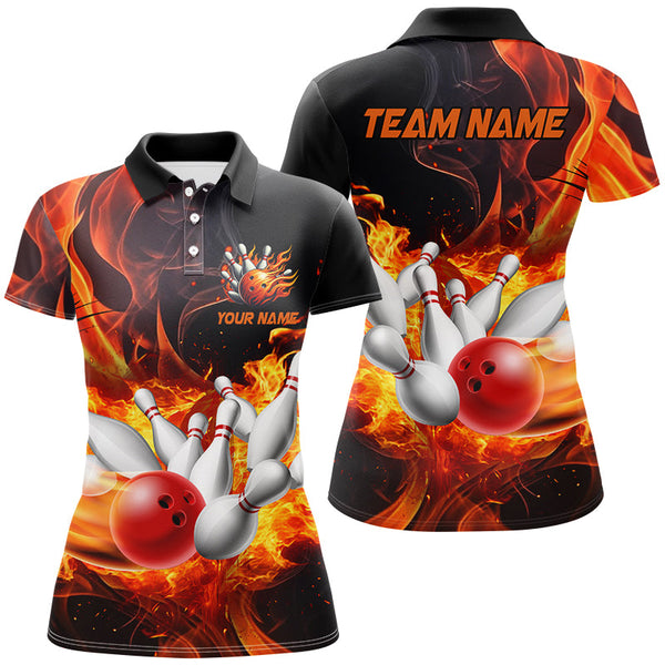 Maxcorners Black And Orange Flame Custom Bowling Shirts For Women, Flame Bowling League Shirts Outfits