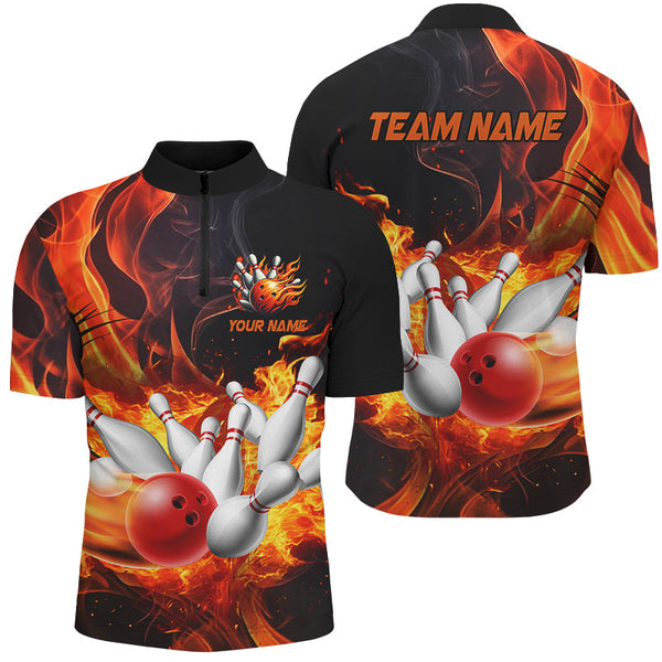 Maxcorners Black And Orange Flame Custom Bowling Shirts For Men, Flame Bowling League Shirts Outfits