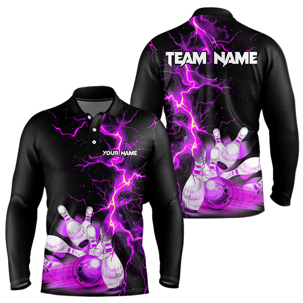 Maxcorners Mens And Women Bowling Shirts Custom Purple Lightning Thunder Bowling Team Jersey, Gift For Team Bowlers