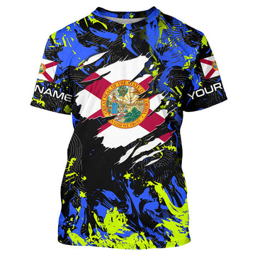 Maxcorners Blue green camo Florida flag patriot shirt Custom sun protection fishing long sleeve shirts MT2108