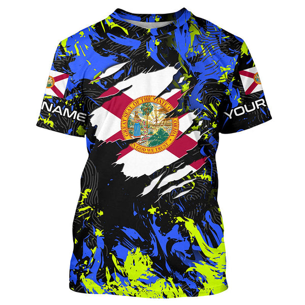 Maxcorners Blue green camo Florida flag patriot shirt Custom sun protection fishing long sleeve shirts MT2108