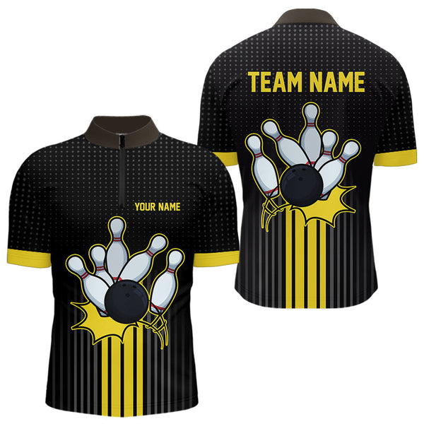 Maxcorners Black And Yellow Bowling Polo, Quarter Zip Shirt For Men Custom Team Mens Bowling Jersey