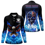 Maxcorners Blue Flame Smoke American Flag Eagle Skull Mens Bowling Shirts Custom Patriotic Bowling Team Jersey