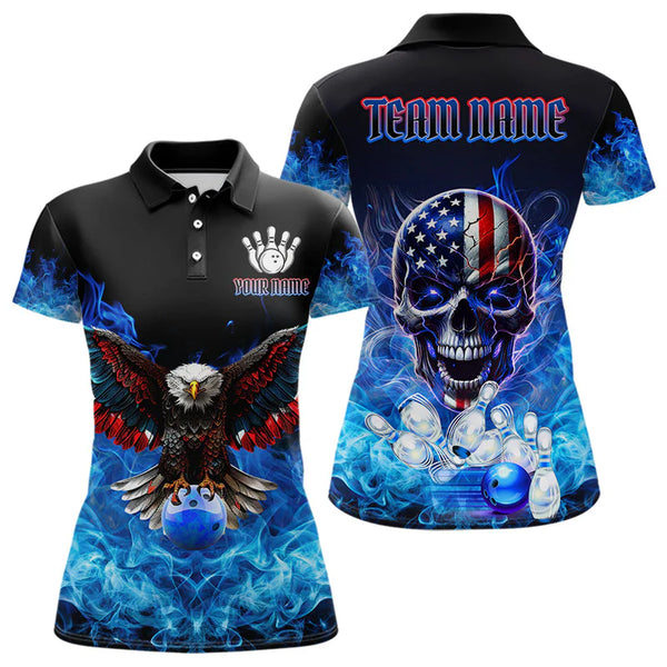 Maxcorners Blue Flame Smoke American Flag Eagle Skull Mens Bowling Shirts Custom Patriotic Bowling Team Jersey