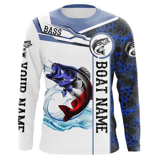 Maxcorners Bass Fishing blue camo American Flag Custom name & boat name performance Long Sleeve Fishing Shirts LM0201