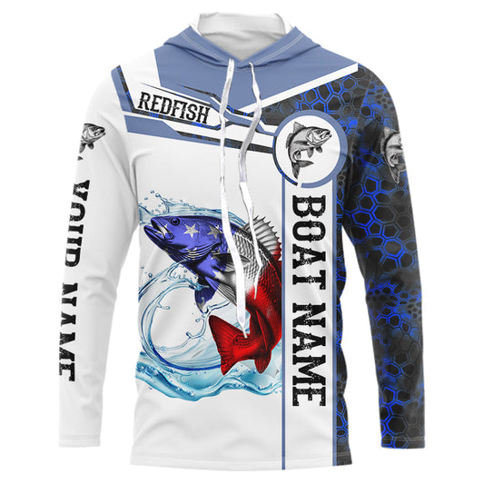 Maxcorners Redfish Fishing blue camo American Flag Custom name & boat name performance Long Sleeve Fishing Shirts LM0501