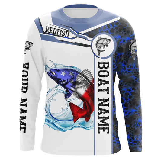 Maxcorners Redfish Fishing blue camo American Flag Custom name & boat name performance Long Sleeve Fishing Shirts LM0501