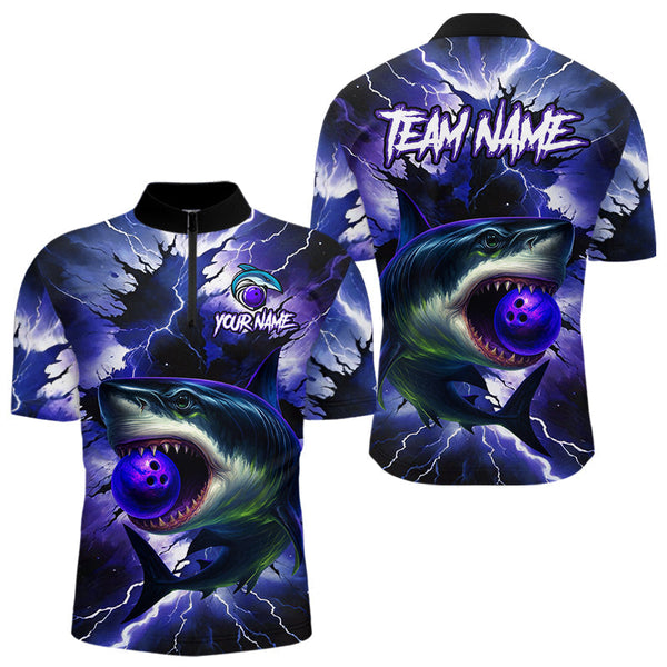 Maxcorners Purple Lightning thunder Shark Bowling Shirts for Men Custom Team Shark Bowling League Jersey LM1008
