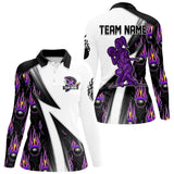 Maxcorners Custom Purple Flame Bowling Black Camo Shirts For Women, Personalized Bowling Team Jerseys