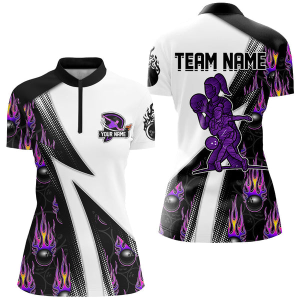 Maxcorners Custom Purple Flame Bowling Black Camo Shirts For Women, Personalized Bowling Team Jerseys