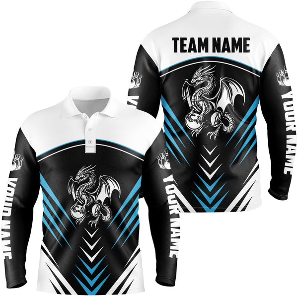 Maxcorners Black and White Dragon Bowling Polo, 1/4 Zip Shirt For Men Personalized Bowling Team Jerseys | Blue