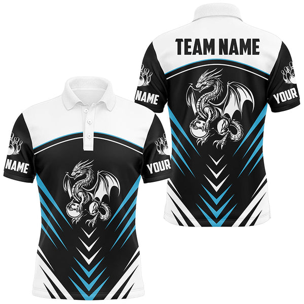 Maxcorners Black and White Dragon Bowling Polo, 1/4 Zip Shirt For Men Personalized Bowling Team Jerseys | Blue