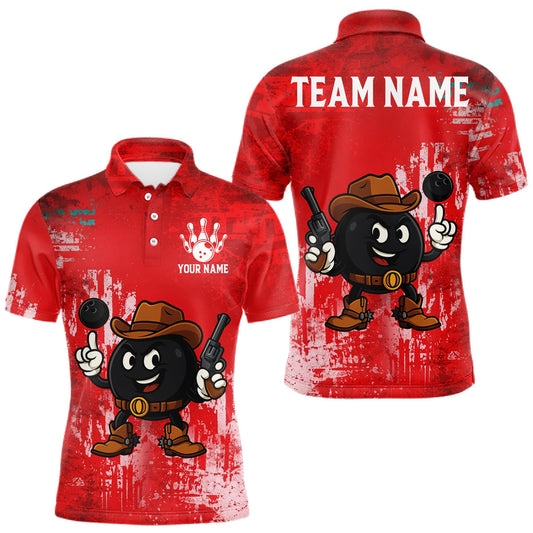 Maxcorners Custom Funny Cowboy Gunster Bowling Polo, 1/4 zip Shirts For Men, Bowling Team League Jerseys | Red