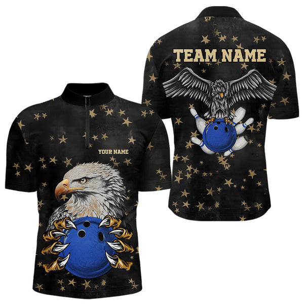 Maxcorners Black And Yellow Stars Pattern Eagle Bowling Shirts For Men Custom Name Eagle Bowling Team Jersey