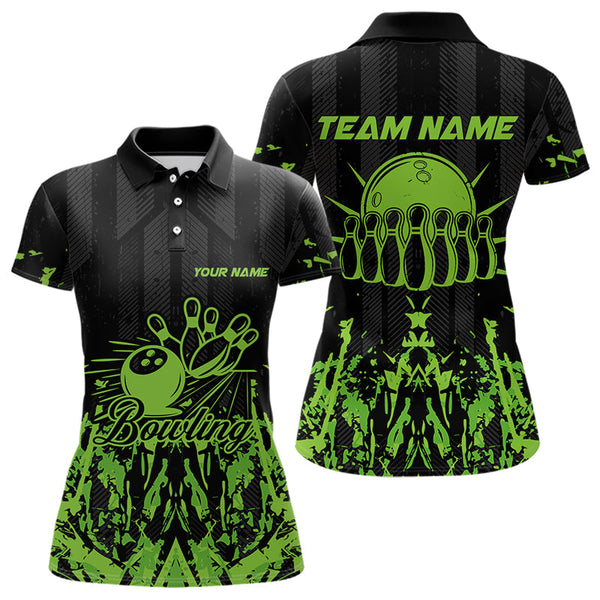 Maxcorners Black And Green Camo Bowling Team Shirts For Men Custom Bowling Uniform Polo, Quarter Zip Shirts